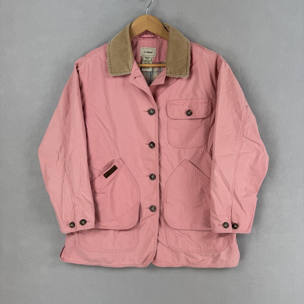 Vintage LL Bean Jacket Womens Petite Medium Pink Canvas Corduroy Collar Chore